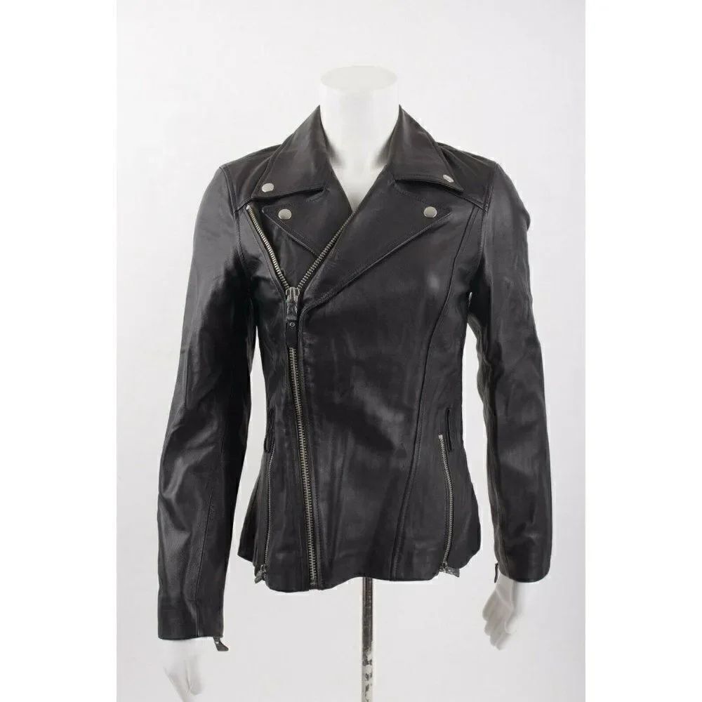 Paige Womens Dita Leather Biker Moto Jacket XS Black Asymmetric side zip close
